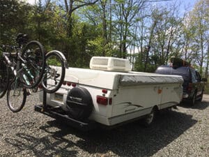 Rear of bike rack on pop up camper